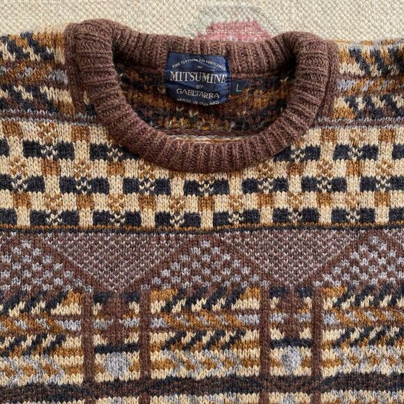 Vintage Mitsumine By Gaeltarra Irish Sweater Brown Large Wool Black Tan Ireland - Picture 1 of 7